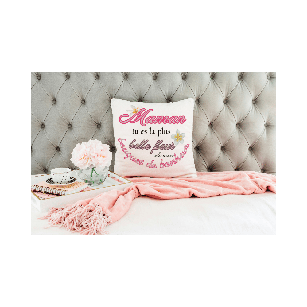 Coussin personnalisé blanc 35x35 cm avec le texte Maman, tu es la plus belle – housse cadeau doux et affectueux