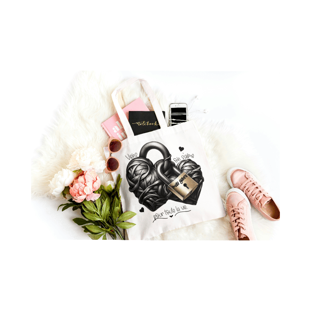 tote bag personnalisé coton avec texte Viens on s’aime – sac romantique à personnaliser